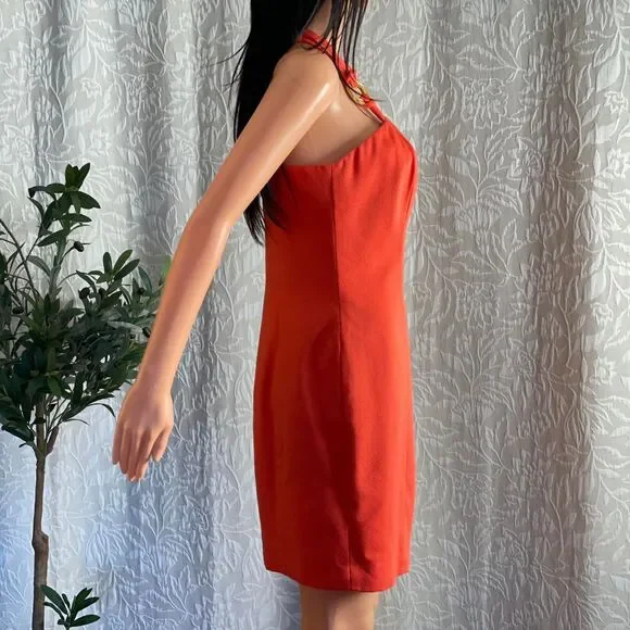 Vintage 80s Linda Segal Orange Mini Dress w/ Gold Ankh Ring Halter Straps  Size 6 Mini